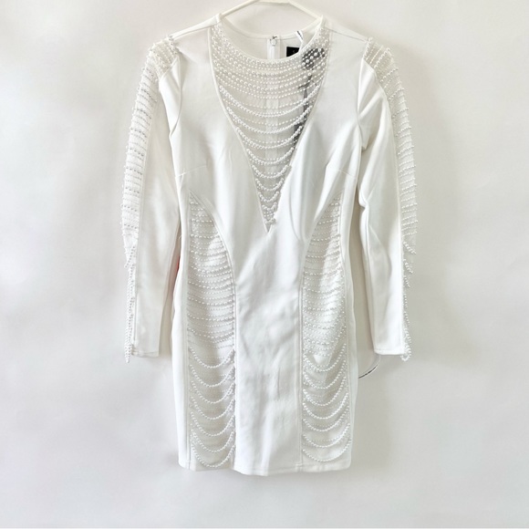 NWT Starlet Bead Embellished Sheer Mesh Panels Long Sleeve Mini Dress White 2 - Picture 3 of 14